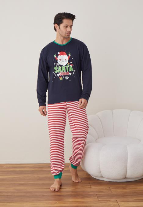 Pijama barbati Craciun "SANTA" , maneca lunga ,pantaloni lungi,Culoare Bleumarin ,Engros